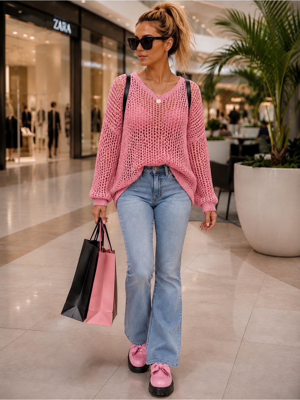 ☀️ Pink Open-Knit Women's Sweater